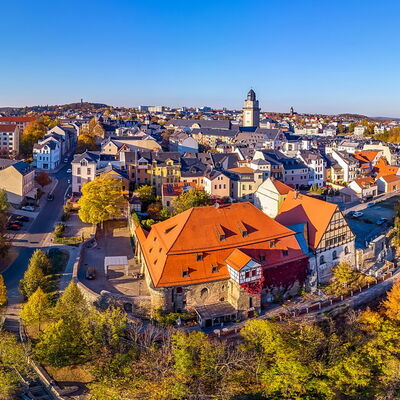 Bild vergrößern: Luftbild mit Blick auf Malzhaus und die Plauener Altstadt